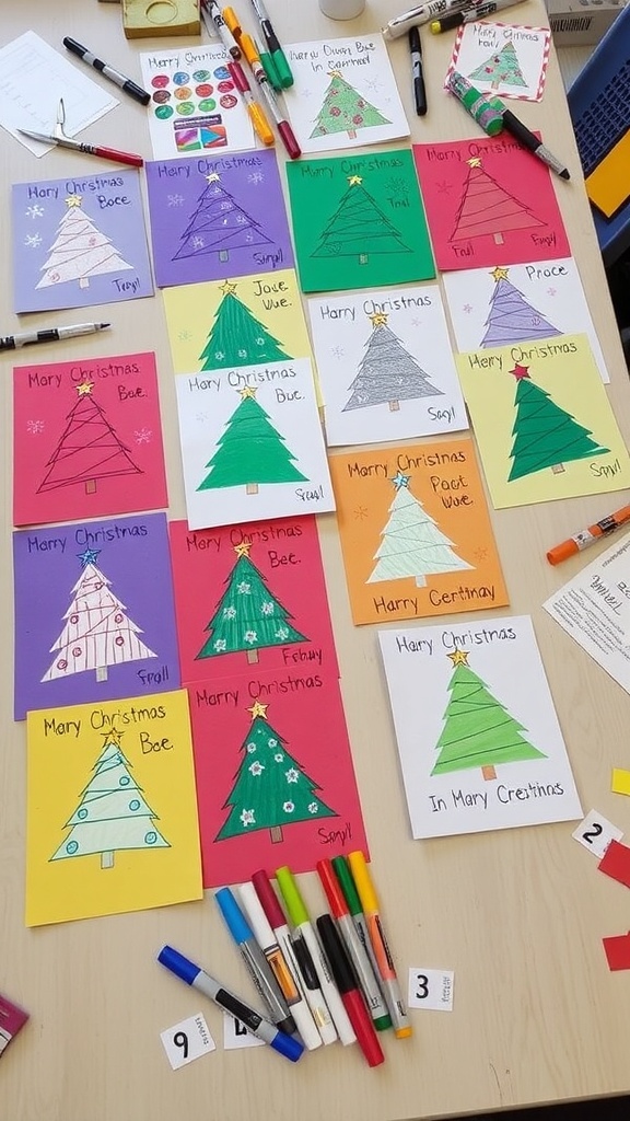 A collection of handmade Christmas cards with festive designs made by children, displayed on a crafting table.